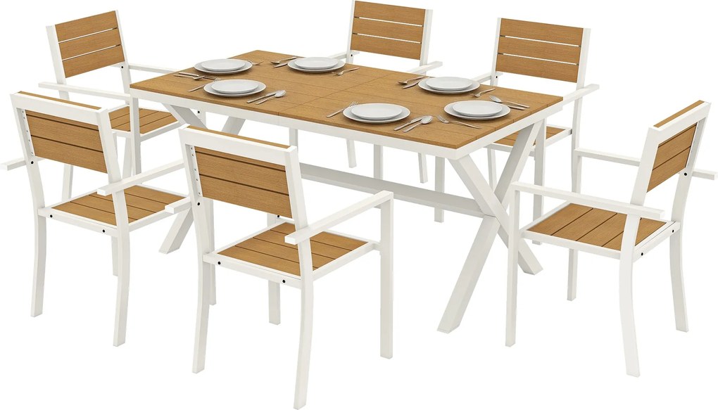 Outsunny 7 részes kültéri étkezőgarnitúra – téglalap asztal és 6 egymásra rakható szék, teakhatású műfa, alumínium váz, helytakarékos, időjárásálló |