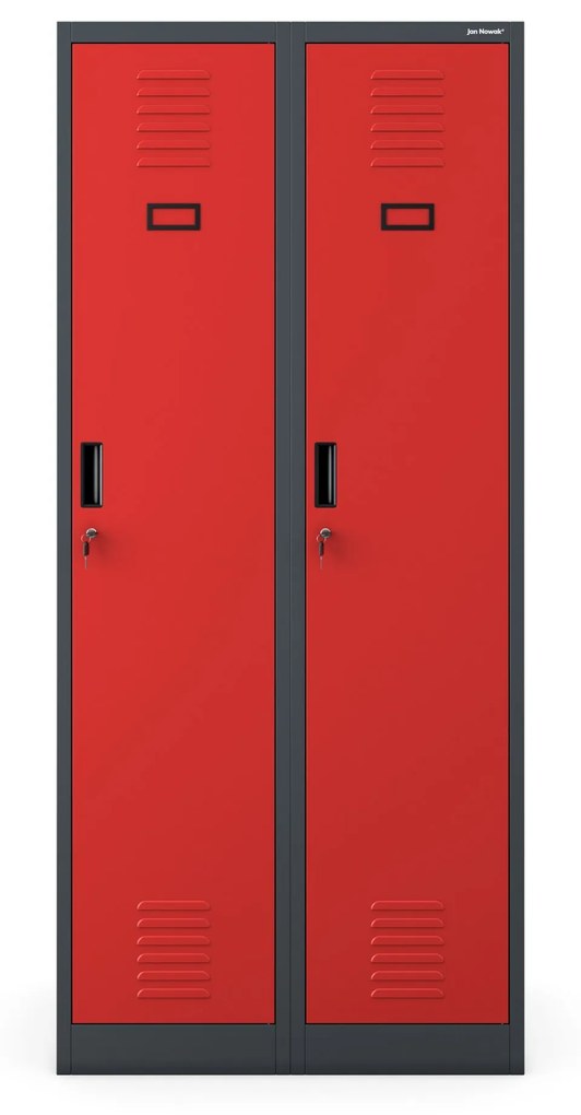 Pléh öltözőszekrény talpazaton, kétmodulos, polccal és köztes fallal KACPER, 800 x 1800 x 500 mm, antracit-piros