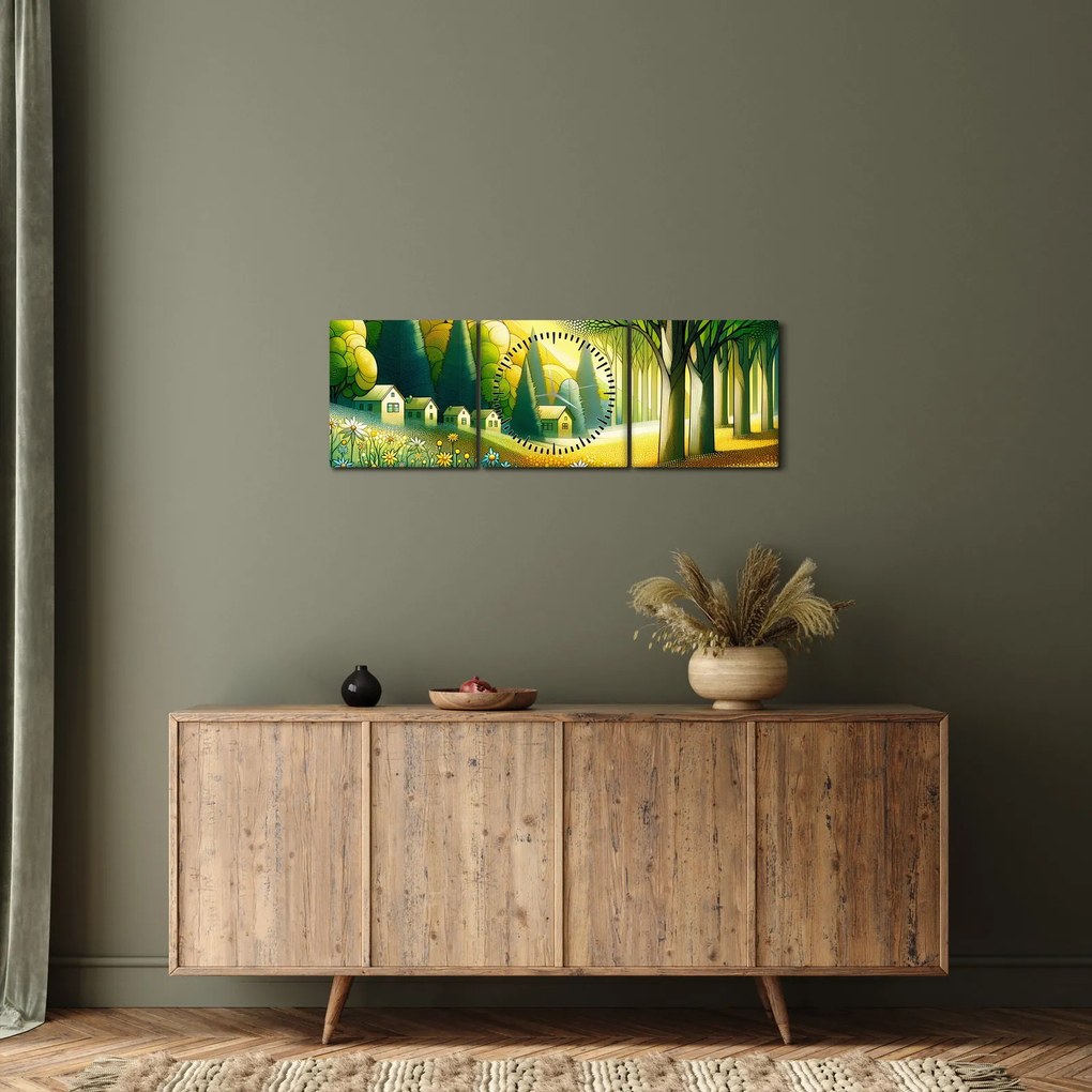 Kép - Falu sárga-zöld színekben (órával) (90x30 cm)