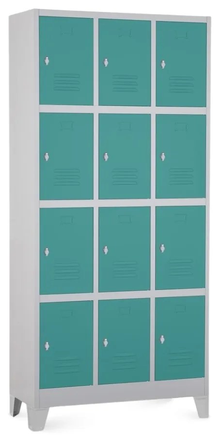 Fém szekrény - 12 doboz, 90 x 40 x 195 cm, fix lábakkal, lakathoz zár, zöld - ral 6033