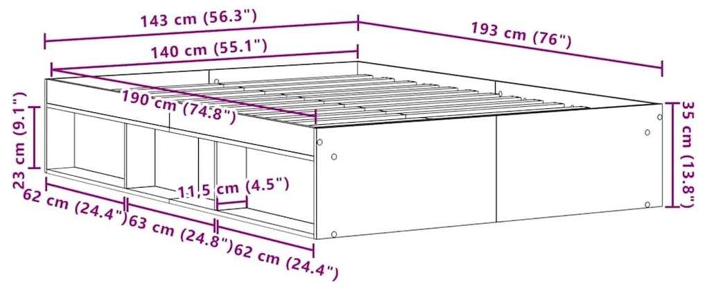 fekete tölgy színű szerelt fa ágykeret matrac nélkül 140x190 cm