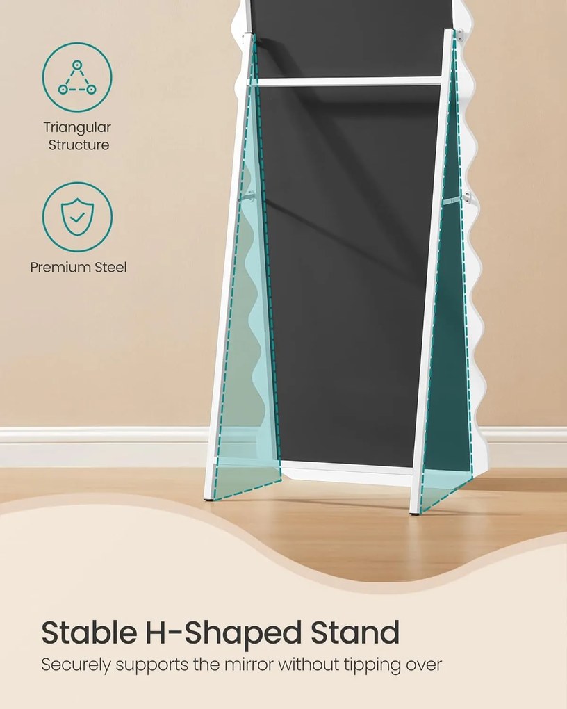 SONGMICS álló tükör, hullámos formájú padlótükör állvánnyal, 160 x 50 cm, fehér