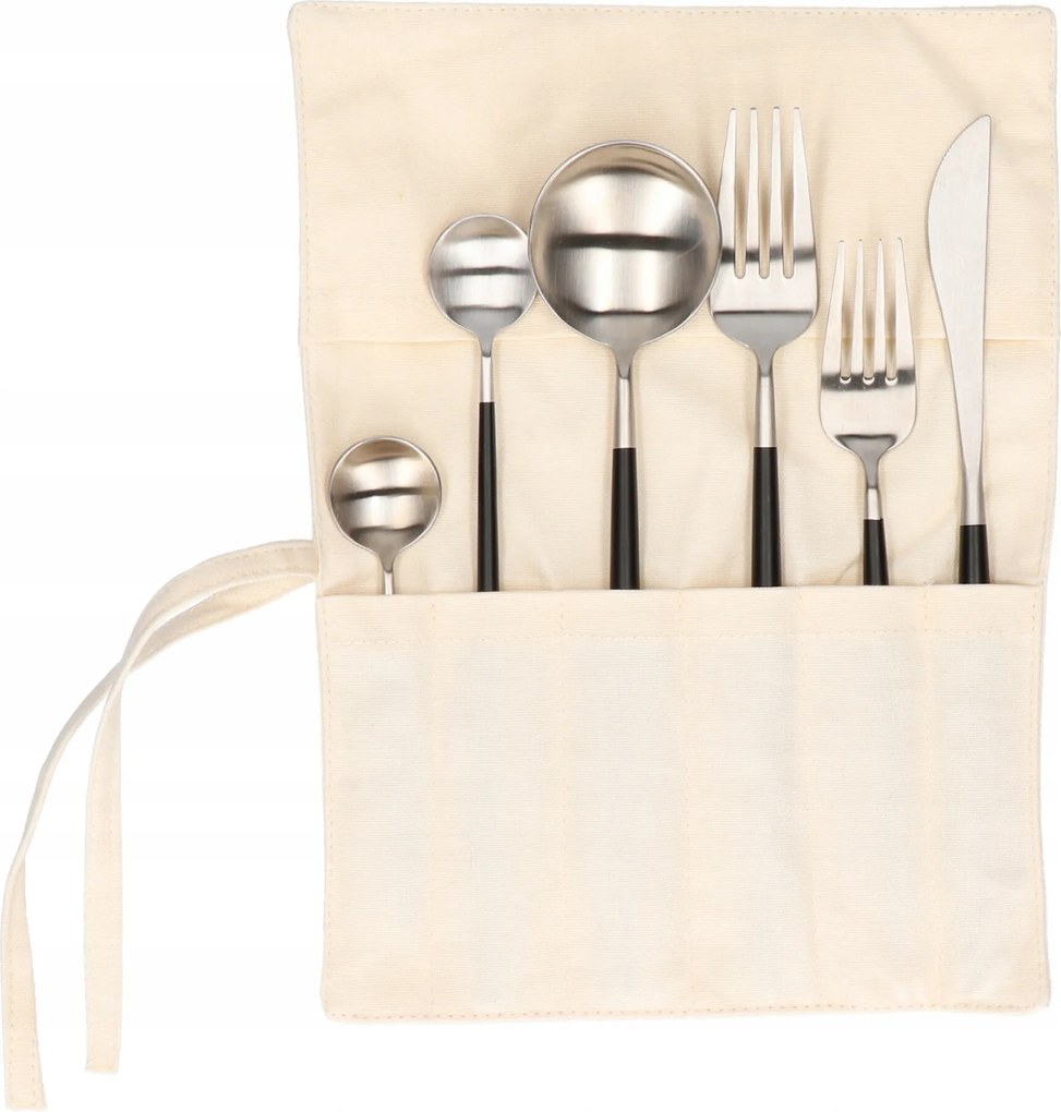 Portugál evőeszköz készlet 6 részes matt fekete-ezüst tasakban