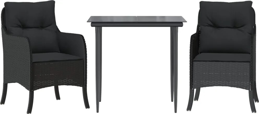 vidaXL 3 részes fekete polyrattan kerti étkezőgarnitúra párnákkal