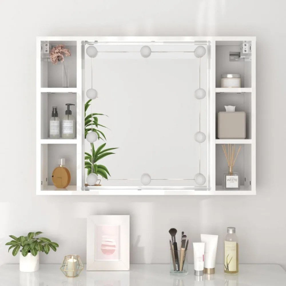 magasfényű fehér tükrös szekrény LED-ekkel 76 x 15 x 55 cm