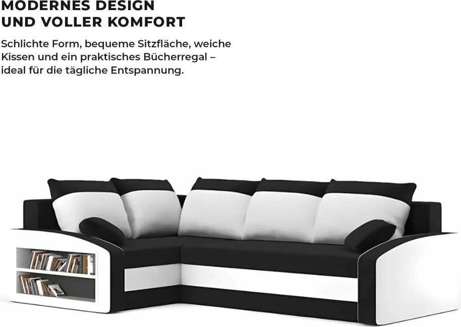 Grande sarokkanapé polcokkal , polc a bal karfaban, baloldali, szövet anyag, hab töltet, fekete - fehér