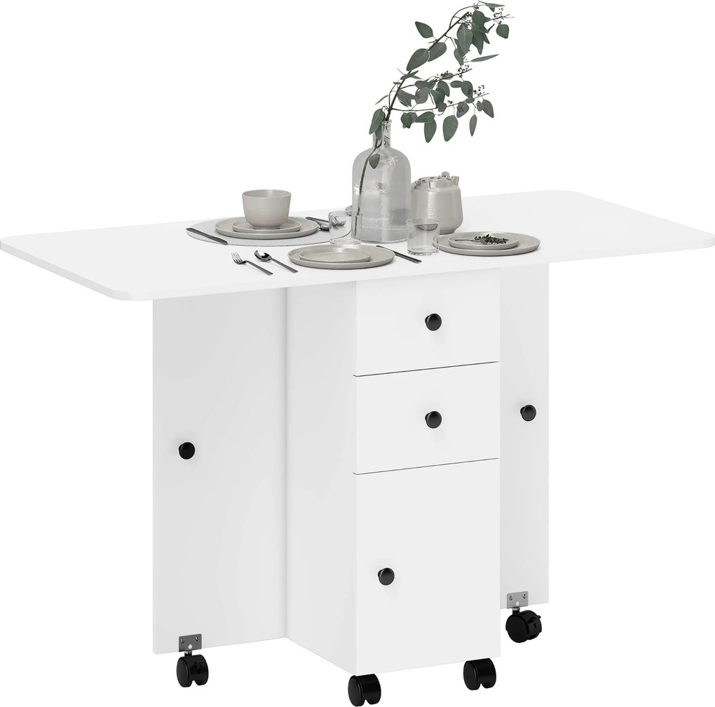 HOMCOM Összecsukható Étkezőasztal Konyhaasztal Kerekekkel, Összecsukható Szárnyakkal, Fiókokkal és Szekrénnyel 4-6 Főnek 120x60x76,5 cm Fehér | Aosom