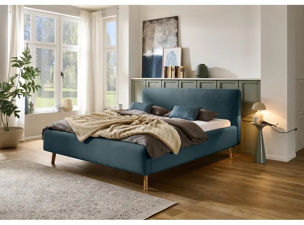 Kékesszürke kárpitozott ágyneműtartós franciaágy ágyráccsal 160x200 cm Mattis – Meise Möbel