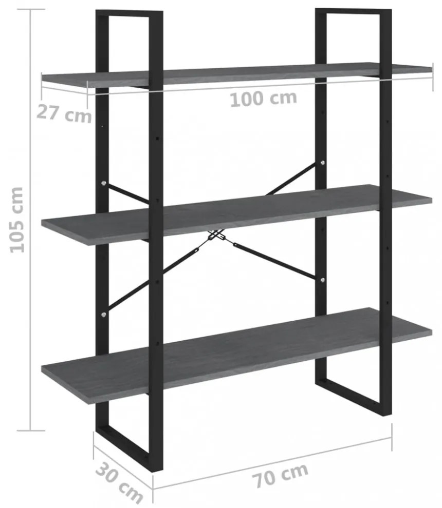 háromszintes szürke tömör fenyőfa könyvszekrény 100x30x105 cm