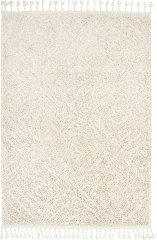 Nappali Szőnyeg Krémszínű Shaggy Bolyhos Rombusz Stílusú Boho Berber 133x190 cm