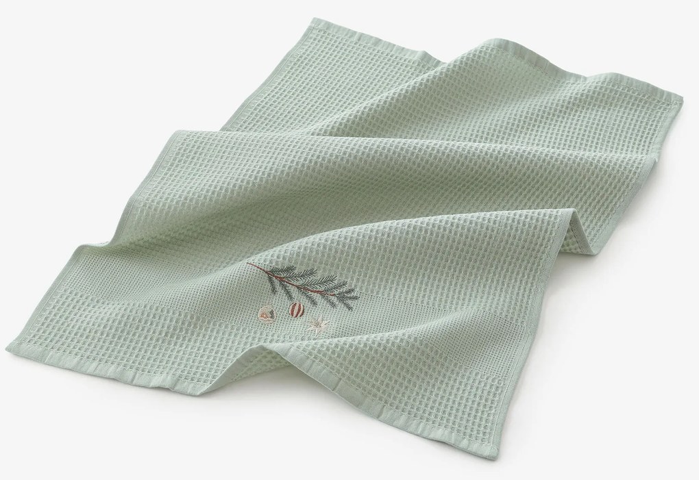 Goldea karácsonyi hímzett waffle konyharuha - gömbök az ágon zsálya háttéren 50 x 70 cm