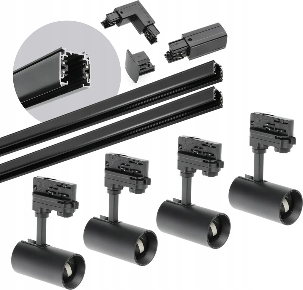 Sínkészlet 3 fázisú 4xLámpa GU10 2x sín 1m csatlakozó L Fekete