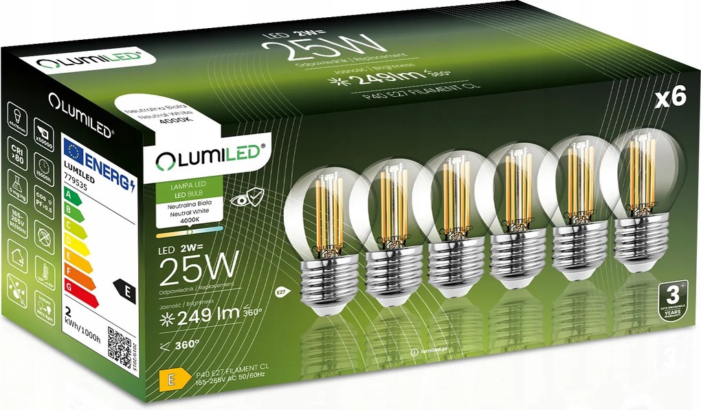 6x Led izzó E27 Golyó P45 2W 25W 249lm 4000K Semleges 360° Lumiled