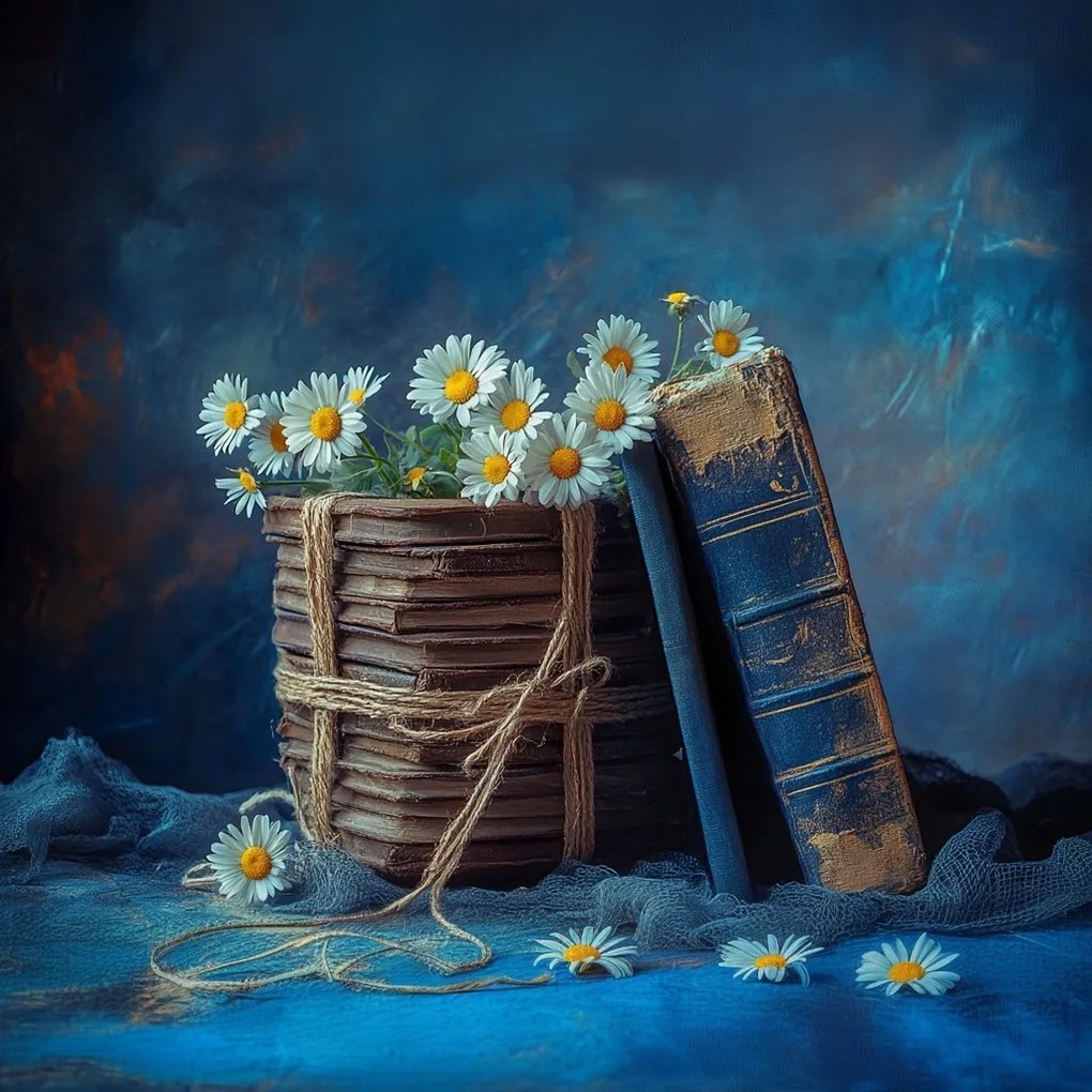 Vászonkép Canvas Dekoráció Régi Könyvek Virágok Margaréták 80x80