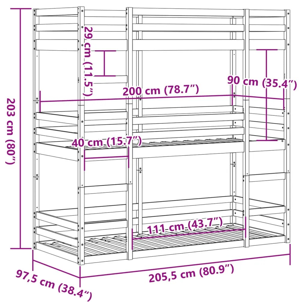 fehér tömör fenyőfa háromszintes ágy 90 x 200 cm