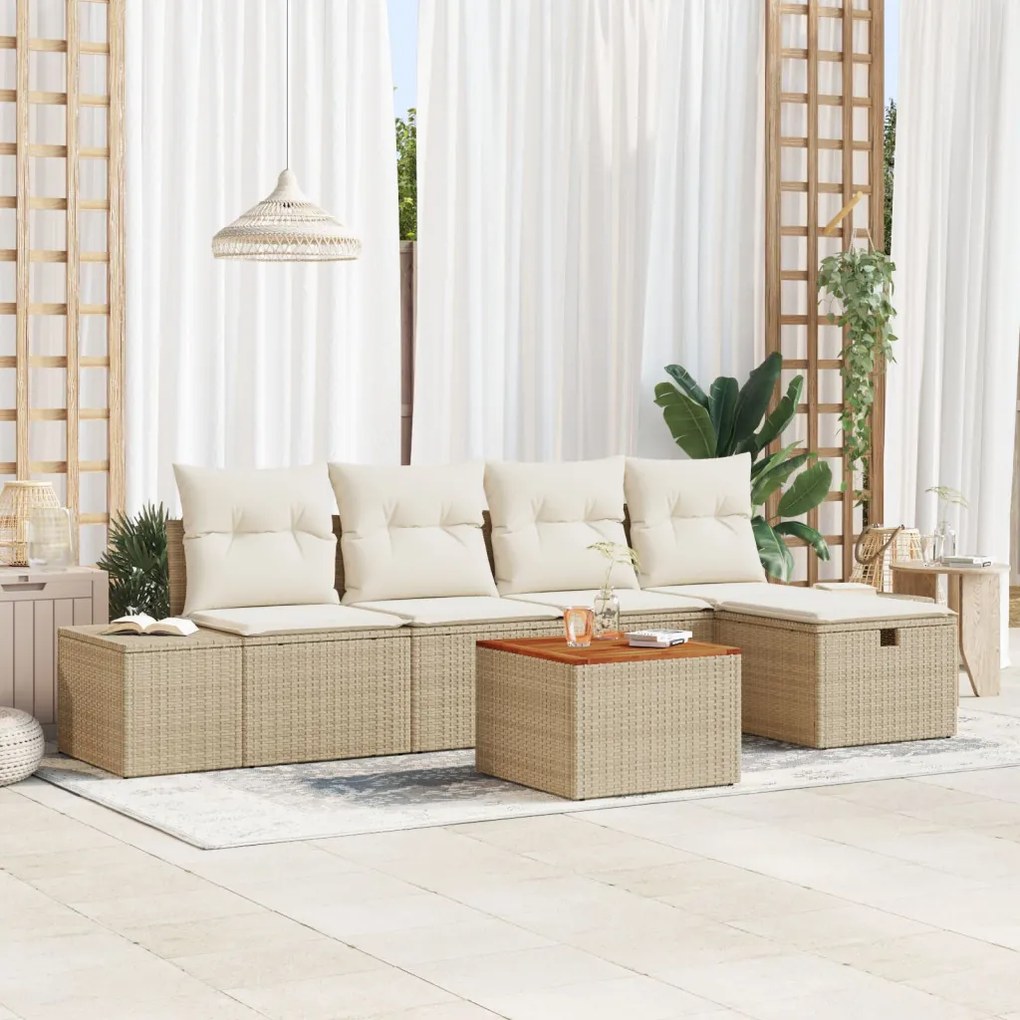 6 darabos Kerti Kanapé Szett Párnákkal Bézs Polyrattan