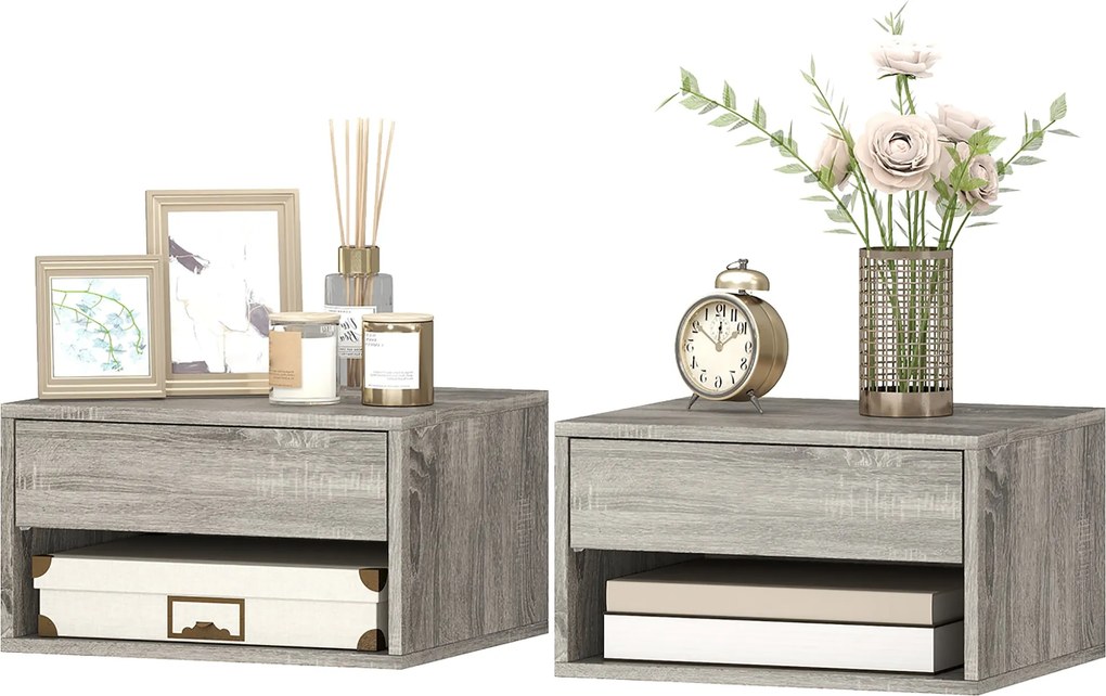 HOMCOM 2 db lebegő fali éjjeliszekrény, kihúzható fiók és nyitott polc, szürke — 37 x 32 x 21 cm | Aosom