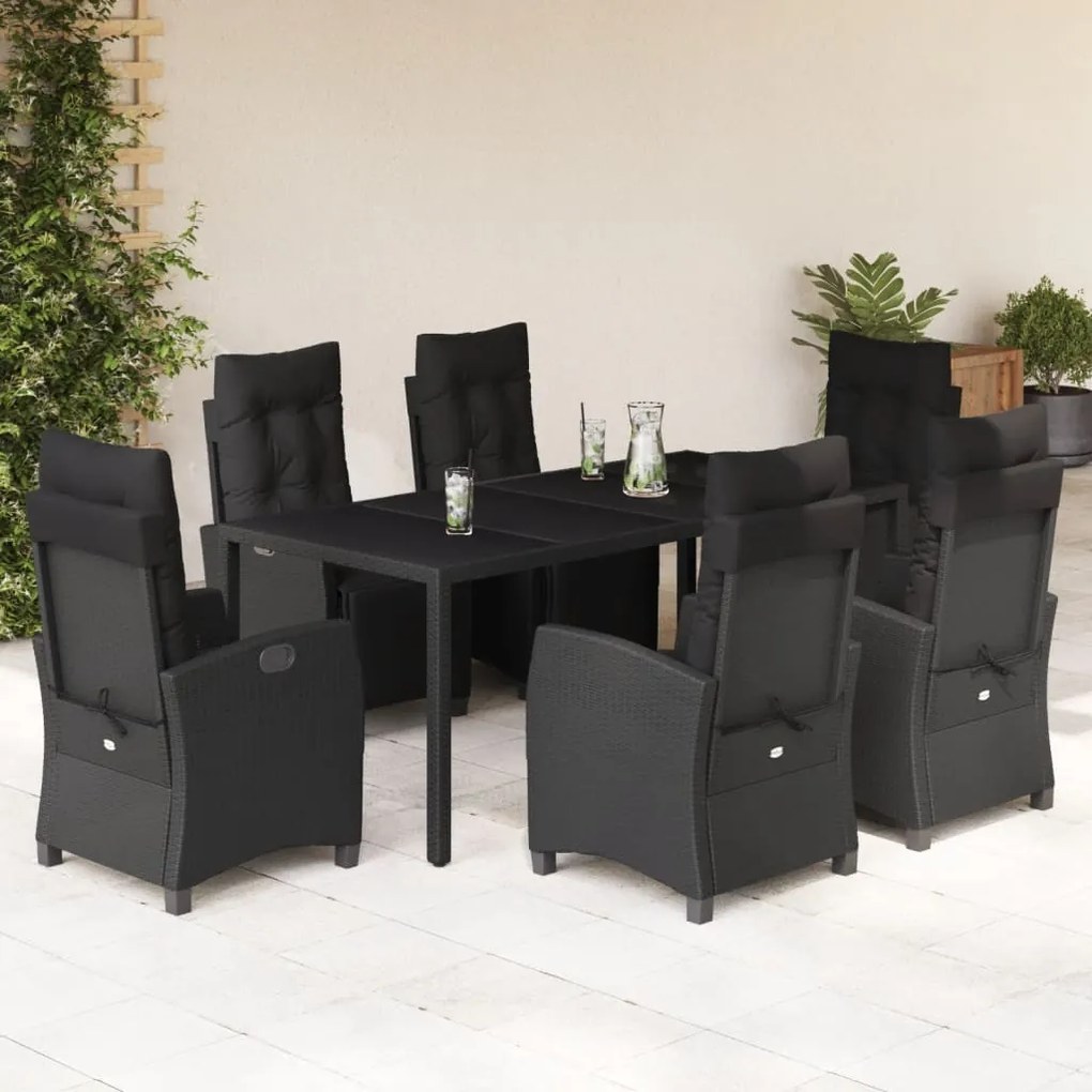 7 részes fekete polyrattan kerti étkezőgarnitúra párnával