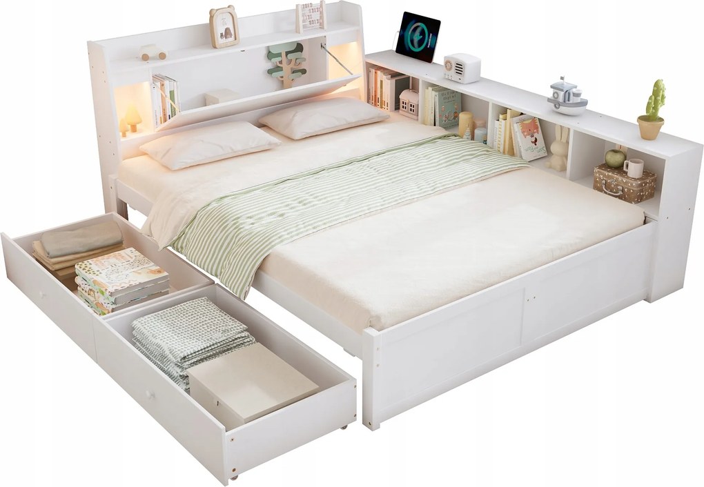 Franciaágy Fa ágy 2 lámpa Fiókos aljzat 140x200cm fehér