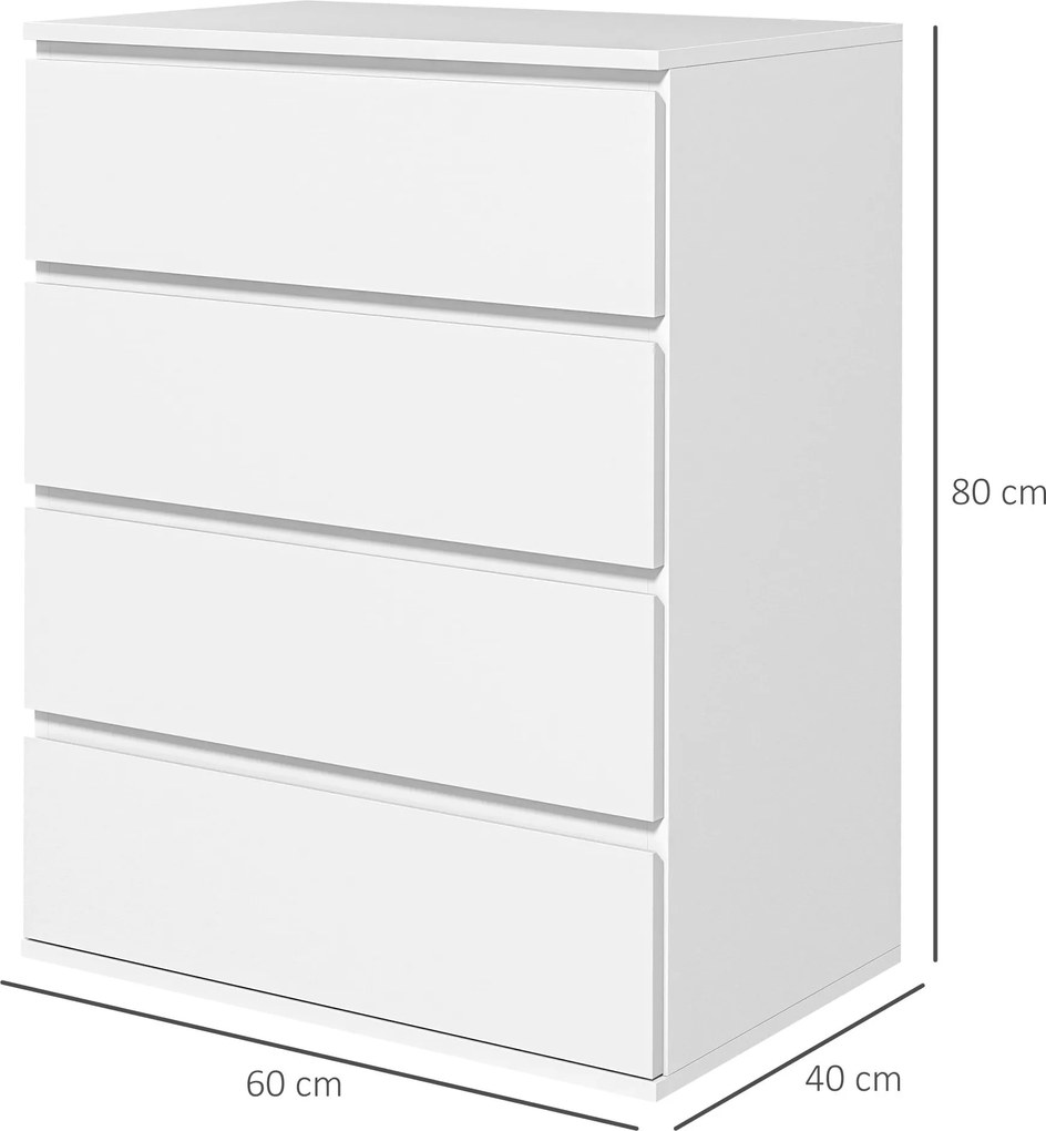 HOMCOM 4-fiókos Komód Modern Stílusú Tároló Szekrény Puha Zár Mechanizmussal - 60 x 40 x 80 cm, Fehér | Aosom