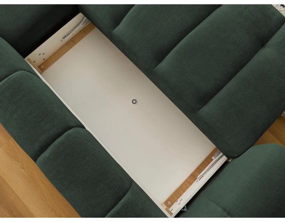 Zöld kinyitható-tárolóhelyes sarokkanapé (jobb oldali-heverő résszel) Fuji – Bobochic Paris