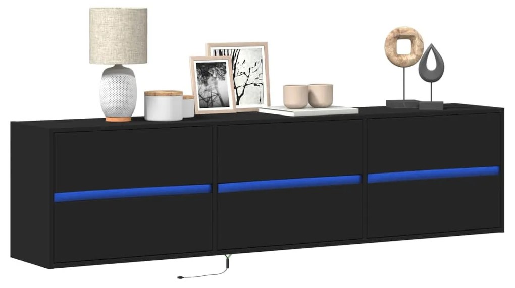 fekete falra szerelhető TV-szekrény LED-del 180 x 31 x 45 cm