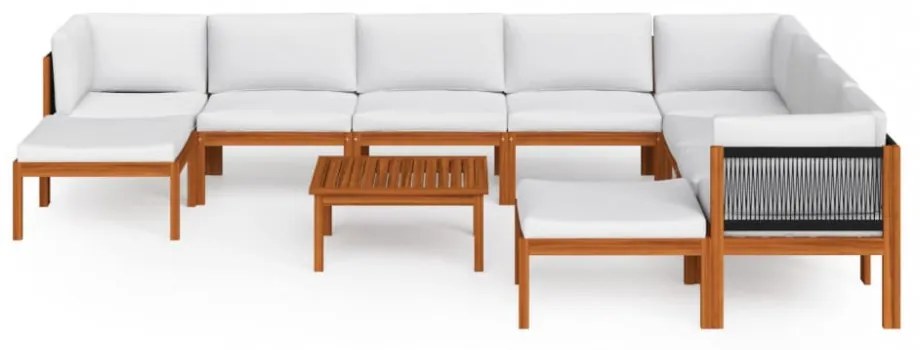 11 darabos krémszínű akácfa és kötél kerti pihenőgarnitúra párnákkal