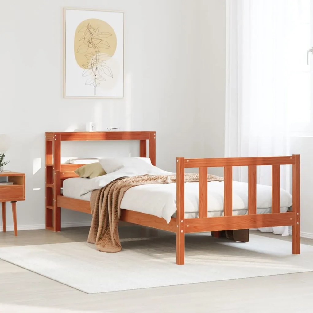 viaszbarna tömör fenyőfa ágykeret fejtámlával 75 x 190 cm