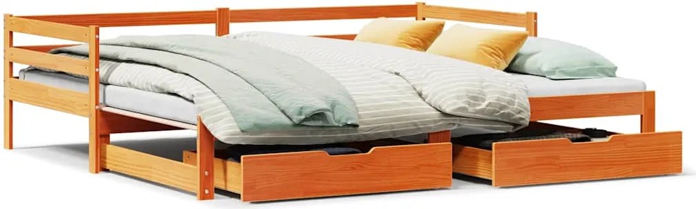 vidaXL viaszbarna tömör fenyőfa kihúzható kanapéágy fiókkal 90x190cm