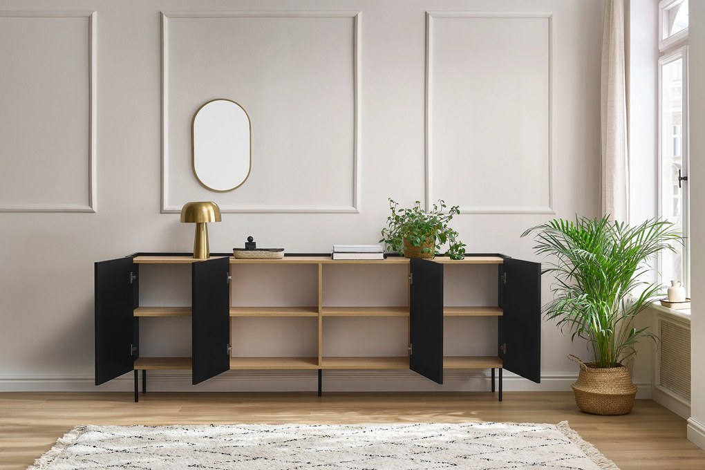 Desin komód 220 cm négyajtós - fekete matt / nagano tölgy