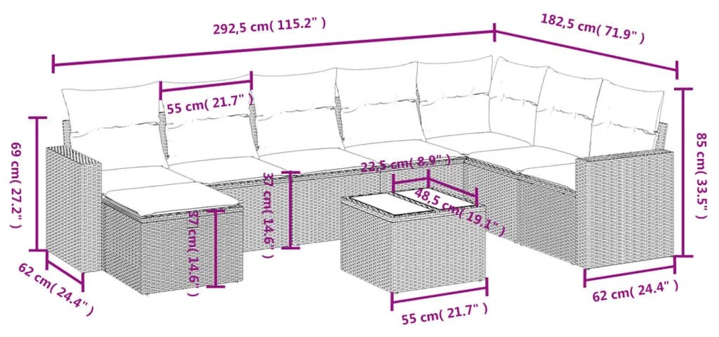 9 részes vegyes bézs polyrattan kerti ülőgarnitúra párnákkal