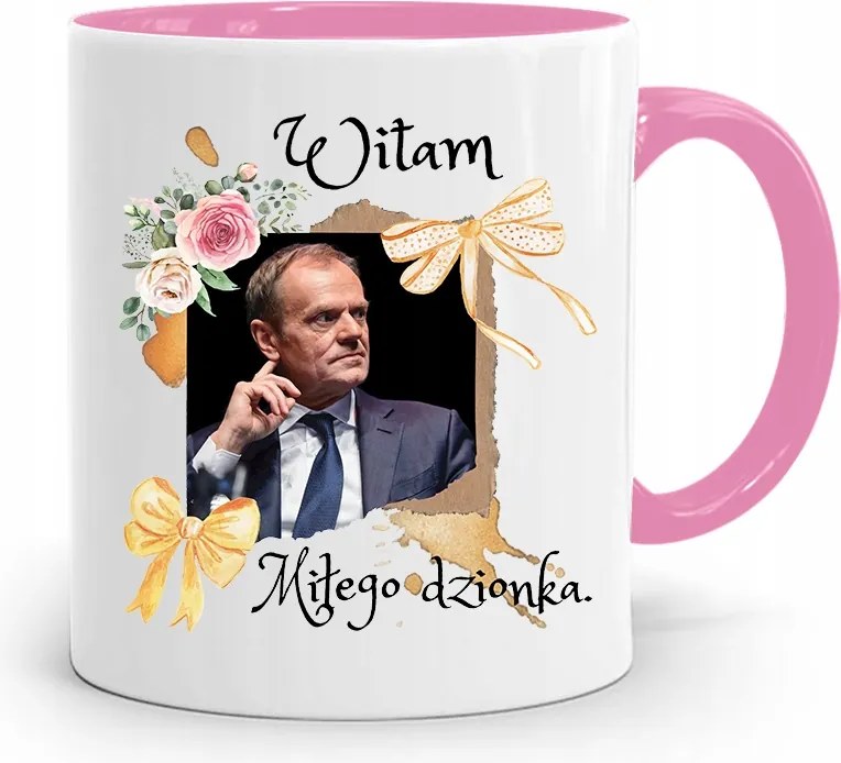 Donald Tusk Rózsaszín Bögre Platform Ajándék fényképes nyomtatással