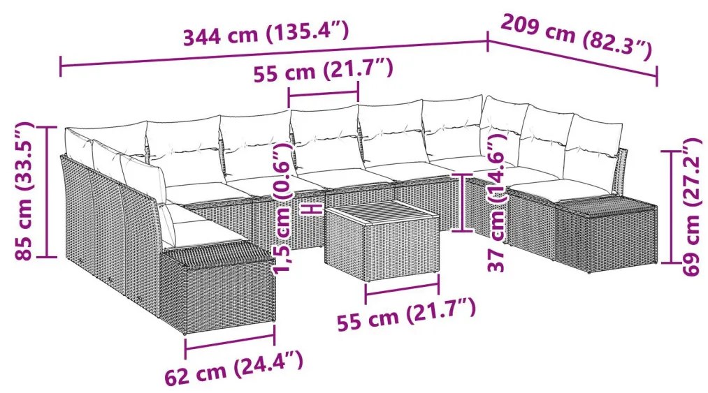 11 darabos kerti kanapészett párnákkal Bézs Poli Rattan Akác
