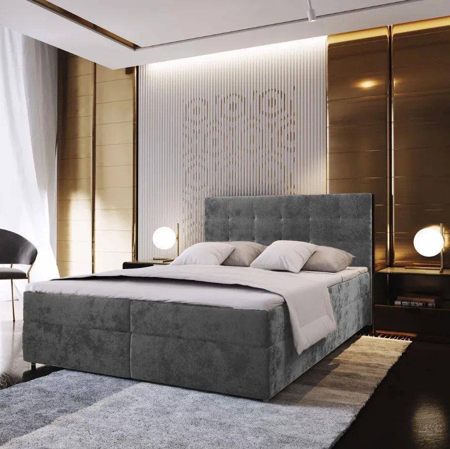 Kárpitozott boxspring ágy GLORIEN VELVET 180x200 cm szürke Matrac: Bonell rugós matrac