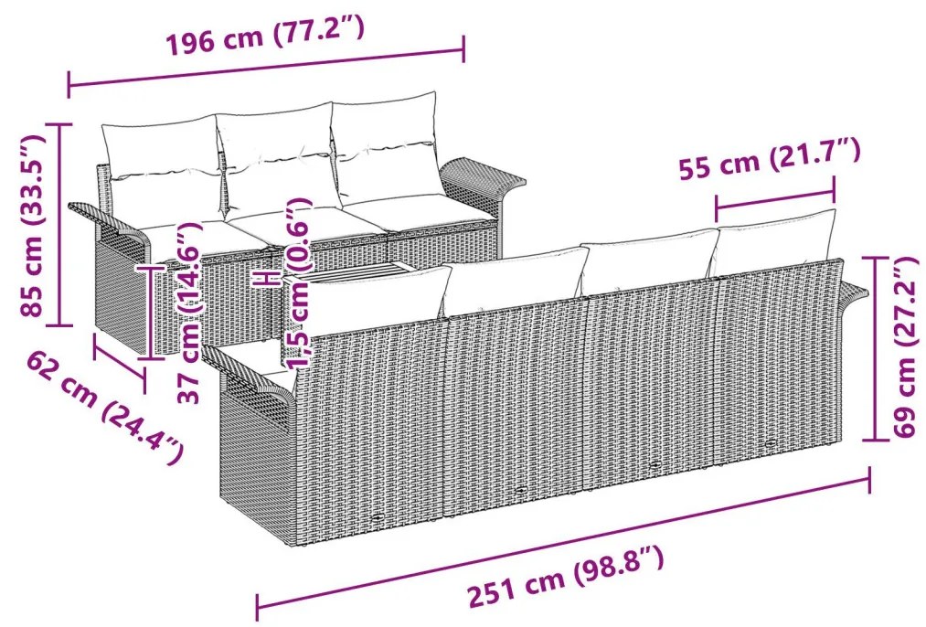 8 darabos kerti kanapé szett párnákkal Bézs Poli Rattan Akáccal