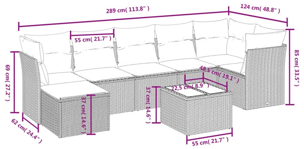 8 részes bézs polyrattan kerti ülőgarnitúra párnával