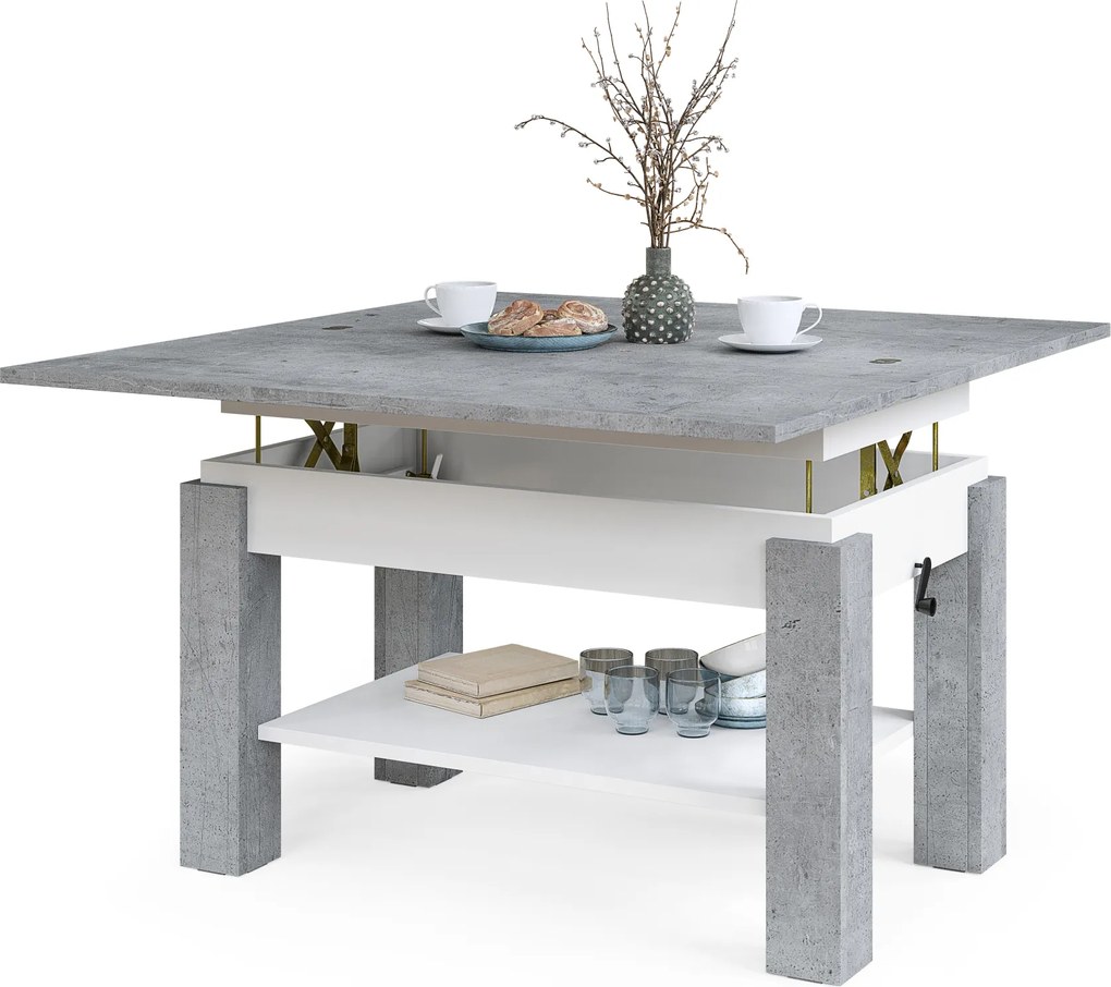 Mazzoni BRAWO Millenium Beton/Fehér - NYITHATÓ/MAGASÍTHATÓ DOHÁNYZÓASZTAL POLCCAL ÉTKEZŐASZTALKÉNT IS HASZNÁLHATÓ