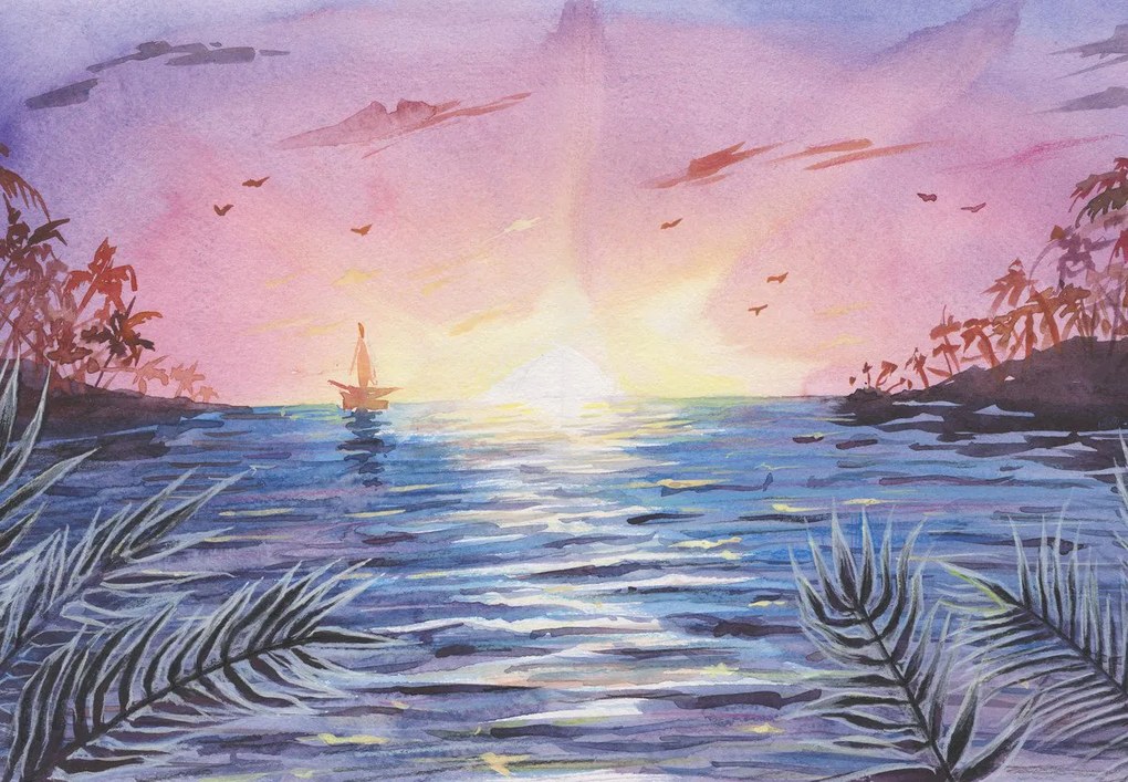 Fotótapéta - Naplemente a víz felett, akvarell (147x102 cm)