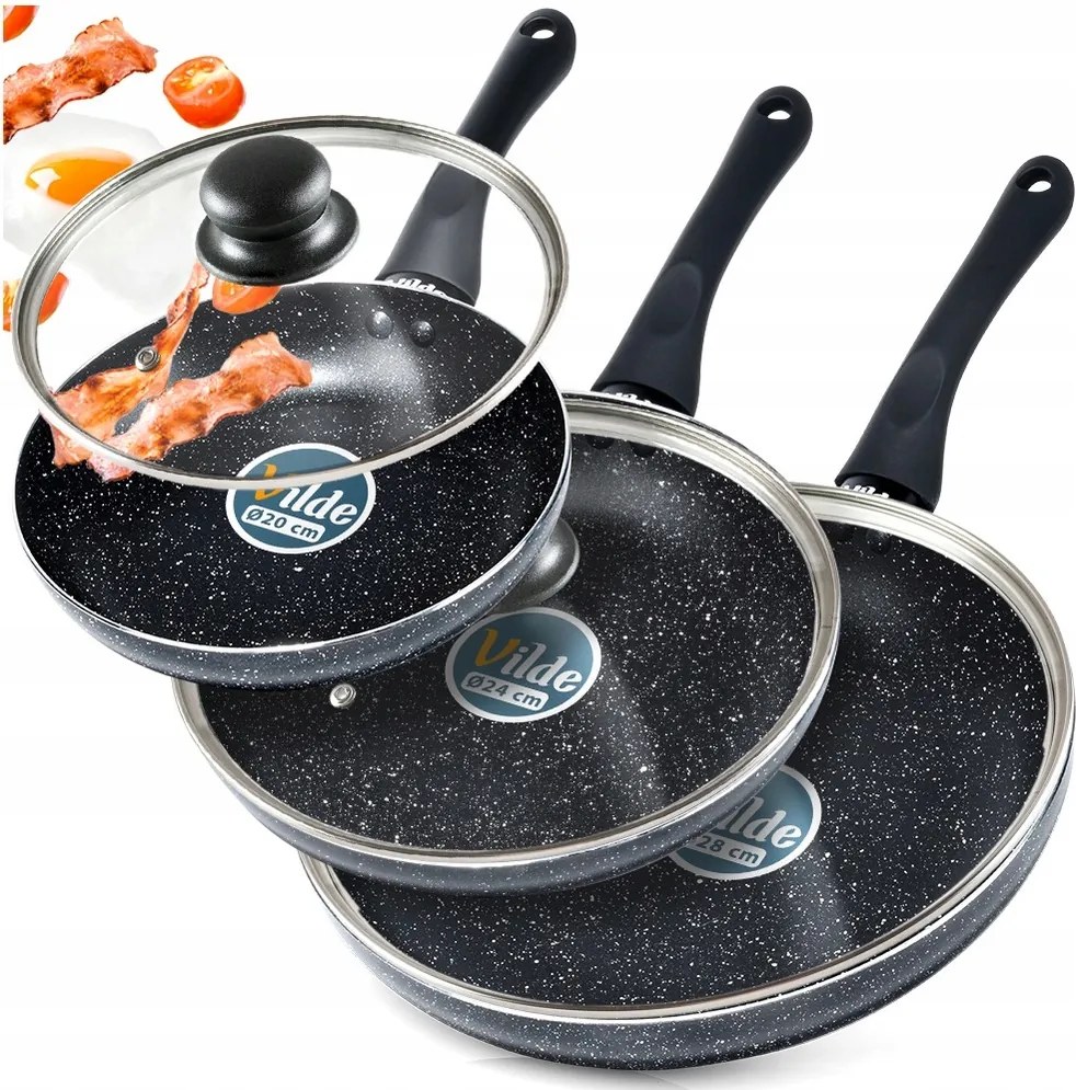 3x Gránit serpenyő pároló sütéshez szett fedővel 20 24 28 cm