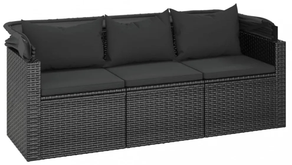 3-személyes fekete polyrattan kanapé tetővel és lábtartóval