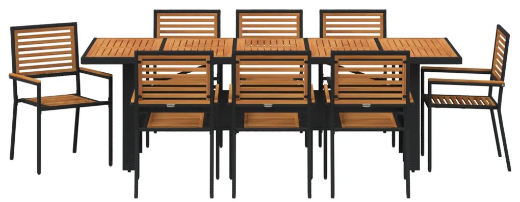 9 darabos kerti étkezőszett fekete poly rattan akáciából
