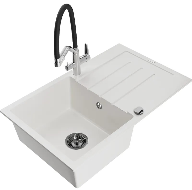 Mexen Bruno egykamrás gránit mosogató csepegtetővel és Duo konyhai csappal, fehér - 6513-20-671701-07-B