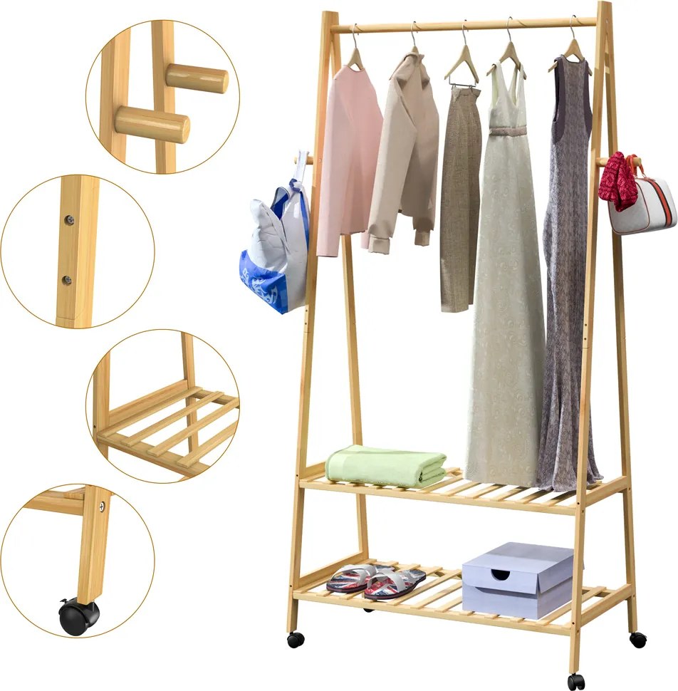 Casaria® Nordik ruhatartó állvány kerekekkel - bambusz