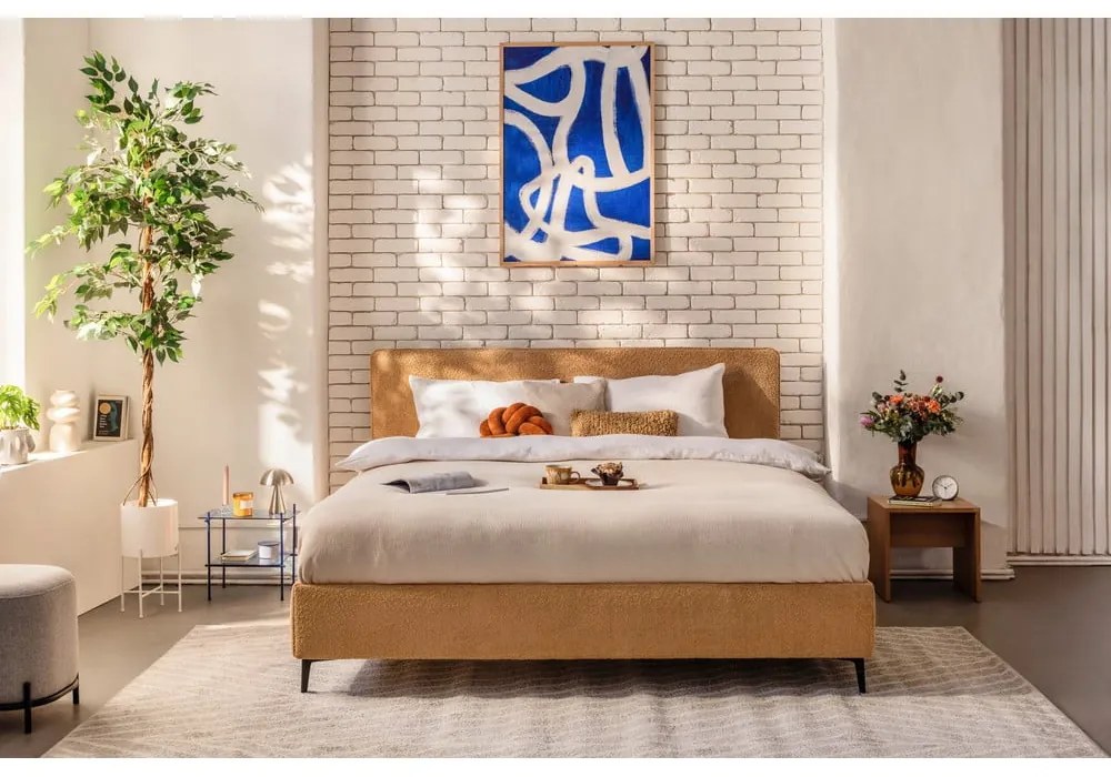 Kárpitozott franciaágy matraccal és ráccsal 160x200 cm, mustár színben Noira Slim - Bonami Selection