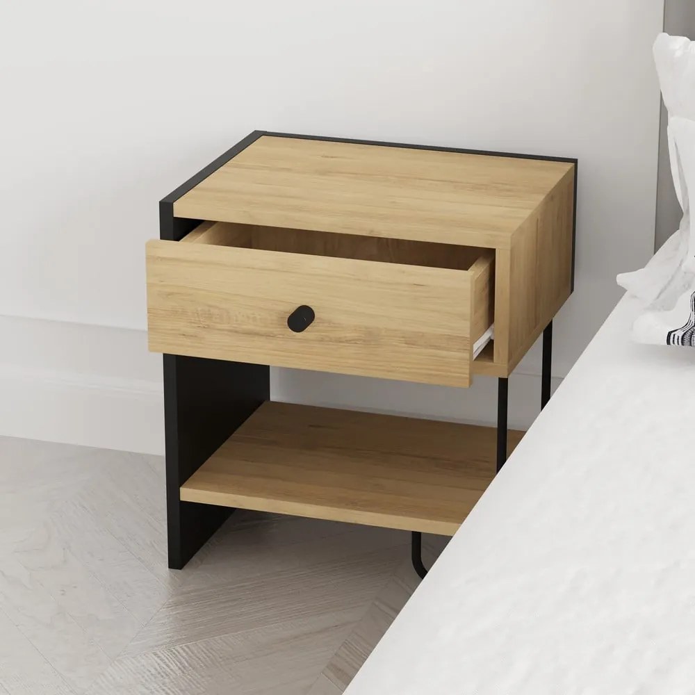 Fekete-natúr színű éjjeliszekrény tölgyfa dekorral Saturne – Marckeric