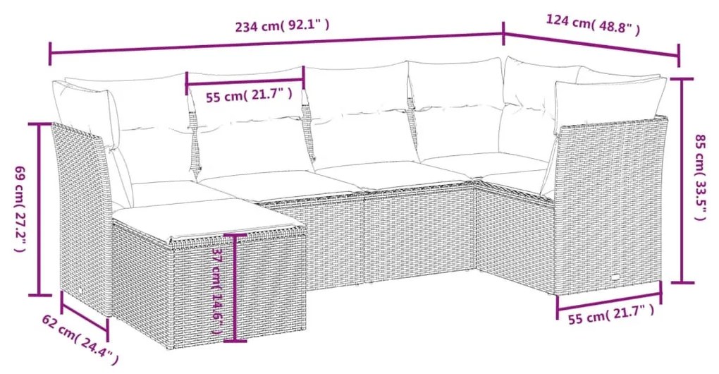 6 részes világosszürke polyrattan kerti ülőgarnitúra párnákkal