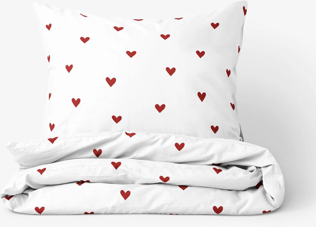 Goldea pamut ágyneműhuzat - piros szívecskék, fehér alapon 140 x 200 és 70 x 90 cm