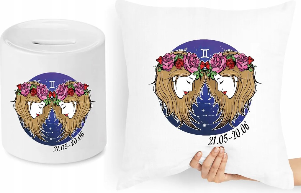 Párna Persely Szett Csillagjegyek Ikrek nyomott mintával