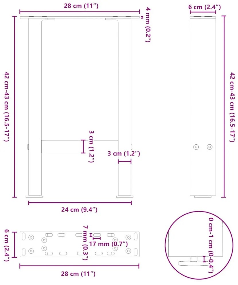 2 db antracitszürke acél dohányzóasztal láb 28 x (42-43) cm