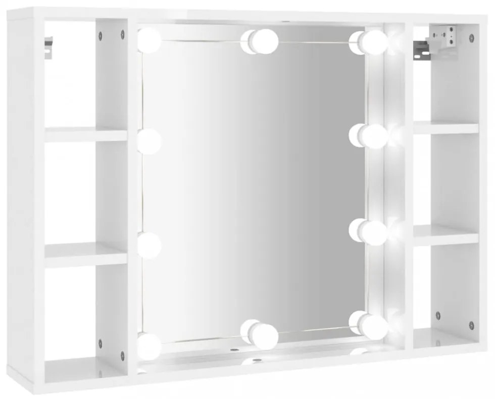 magasfényű fehér tükrös szekrény LED-ekkel 76 x 15 x 55 cm